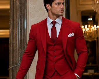 Traje rojo de hombre de 3 piezas para bodas, esmoquin ajustado para graduación, conjunto de blazer formal de lujo, traje de novio rojo intenso