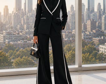 Traje de dos piezas de lujo para mujer en color negro con detalles blancos: conjunto formal de pantalón y chaqueta de pierna ancha para oficina, bodas y ocasiones especiales.