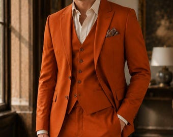 Traje de tres piezas color naranja quemado para hombre / Traje de boda a medida / Esmoquin naranja vintage / Traje de graduación para novio / Traje formal ajustado para hombre