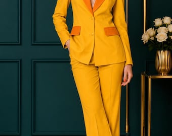 Traje amarillo para mujer con solapa naranja / Traje de pantalón acampanado para mujer / Conjunto de blazer llamativo / Pantalones con dobladillo adornado / Conjunto moderno para el trabajo y fiestas