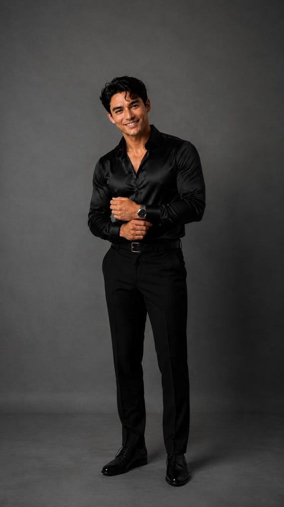 Luxury Black Silk Shirt for Men, Shiny Button Down Shirt, Mens Party Shirt, Formal Dress Shirt, Wedding Guest Outfit, Elegant Menswear