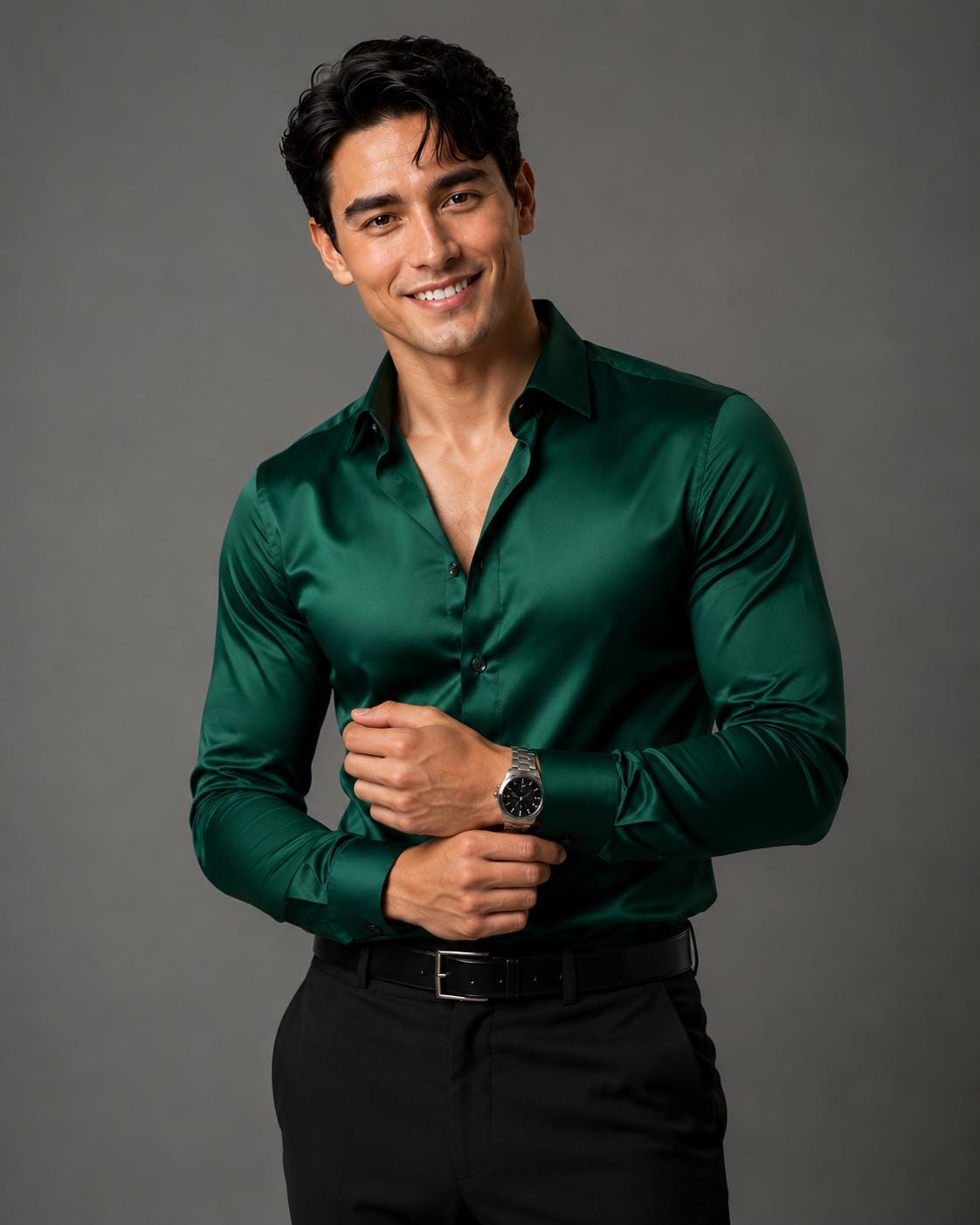 green silk dress shirt New Mens Silk Shirt Button Down Shirt Long Sleeve Shirt Casual Formal