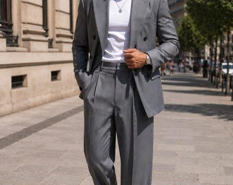 Traje gris de hombre de corte amplio / Blazer cruzado y pantalón de pierna ancha / Traje moderno de boda para hombre / Atuendo de lujo / Traje clásico de pantalón