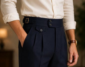Pantalones Gurkha de lujo para hombre, de cintura alta y plisados, pantalones de vestir vintage a medida, pantalones formales con hebilla lateral, ropa clásica retro para hombre.