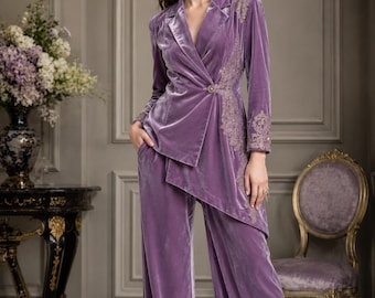 Conjunto de pantalón y chaqueta de terciopelo malva de lujo para mujer, conjunto de blazer de terciopelo bordado, elegante traje de noche, atuendo para invitada de boda, pantalón de terciopelo de pierna ancha.