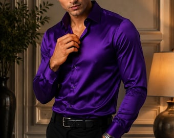 Luxury Purple Silk Shirt for Men, Shiny Button Down Shirt, Mens Party Shirt, Wedding Guest Outfit, Formal Silk Dress Shirt
