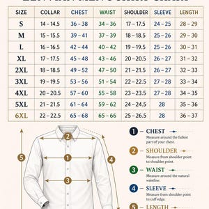 May include: A Zenvian shirt size chart featuring a table with measurements in inches for sizes S through 6XL. Below the table is a line drawing of a button-down shirt with numbered arrows indicating where to measure the chest, shoulder, waist, sleeve, and length.