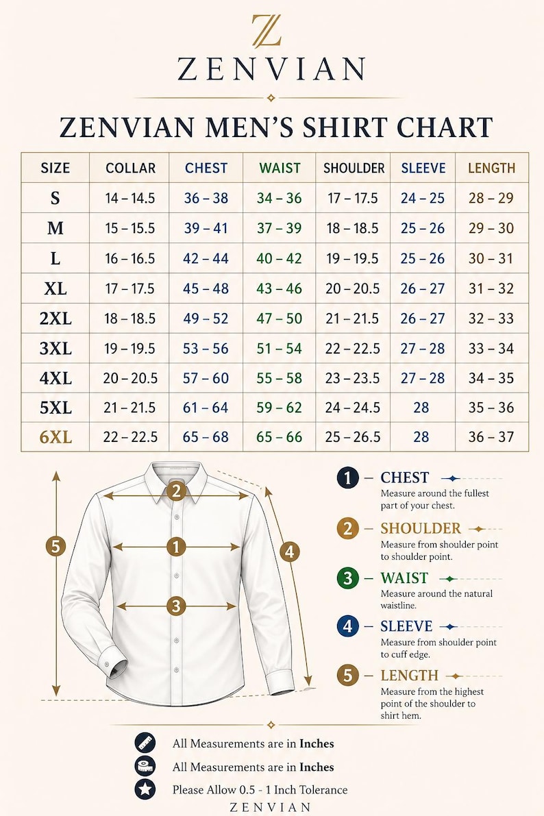 May include: A Zenvian shirt size chart featuring a table with measurements in inches for sizes S through 6XL. Below the table is a line drawing of a button-down shirt with numbered arrows indicating where to measure the chest, shoulder, waist, sleeve, and length.