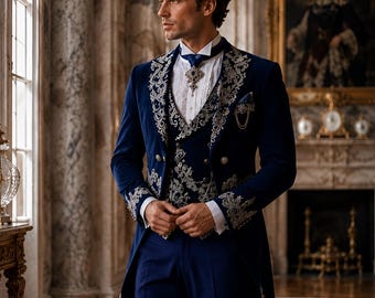 Traje de frac victoriano azul real para hombre, traje de boda bordado, abrigo de príncipe gótico, chaqueta formal aristocrática, traje de la época de la Regencia.