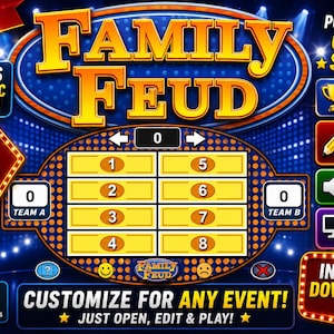 May include: A digital Family Feud PowerPoint game show template featuring a blue and yellow game board with eight numbered answer slots, team score displays, and text labels including Easy to Play, Automatic Scoring, and Fully Editable Q & A.