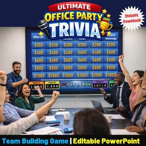 May include: A team-building game displayed on a screen, with people celebrating around a table. The game is titled "Ultimate Office Party Trivia" with categories and point values. The words "Instant Download" are also visible.
