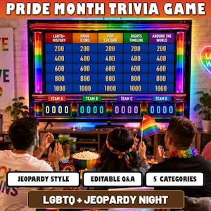 May include: A Pride Month trivia game with a Jeopardy-style board featuring categories like LGBTQ+ History and Pop Culture. The game includes editable Q&A and five categories. The image also shows people celebrating with rainbow flags and a "Love Wins" neon sign.