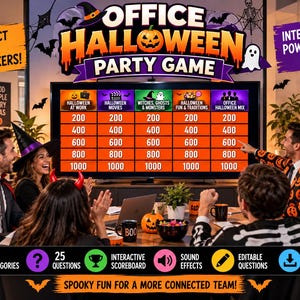 Może przedstawiać: Interaktywna gra PowerPoint zatytułowana Office Halloween Party Game wyświetlana na ekranie, zawierająca pięć kategorii z wartościami punktowymi od 200 do 1000. Gra zawiera 25 pytań, tablicę wyników, efekty dźwiękowe i edytowalną zawartość.