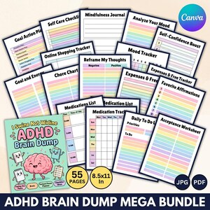 Könnte beinhalten: Eine Sammlung druckbarer Planerseiten mit pastellfarbenen Regenbogen-Farbschemata und schwarzem Text. Das Cover zeigt den Text I Swine Not Widine ADHD Brain Dump mit einer Cartoon-Gehirnfigur. Enthält 55 Seiten im Format 8,5x11 Zoll.