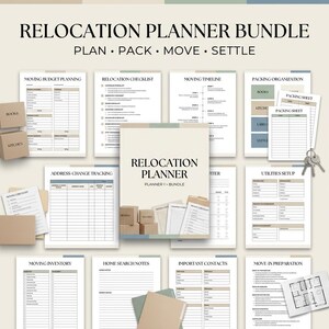 Könnte beinhalten: Ein Umzugsplaner-Set mit verschiedenen druckbaren Vorlagen für den Umzug, darunter Budgetplaner, Checklisten, Zeitpläne, Packorganisation, Adressänderungslisten, Versorgungsanmeldungen und Kontaktlisten in einer neutralen Farbpalette.
