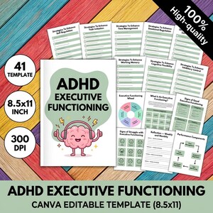 May include: A collection of 41 printable templates for ADHD executive functioning, sized 21.6x27.9 cm at 300 DPI. The cover features a pink cartoon brain wearing headphones with the text ADHD EXECUTIVE FUNCTIONING. Includes various checklists.