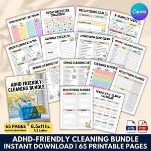 May include: A collection of printable cleaning and decluttering planner pages titled ADHD Friendly Cleaning Bundle. The documents feature checklists, calendars, and task trackers with pastel color accents, 8.5x11 inch dimensions, and 65 pages total.