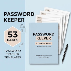 May include: A powder-blue password keeper book with black text reading PASSWORD KEEPER 53 PAGES TOTAL FOR 110 LOGINS. The book is displayed with internal pages featuring fields for website, username, password, and notes, alongside a black pen.