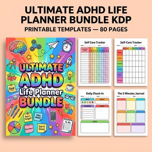 Może przedstawiać: Cyfrowy zestaw planerów z kolorową okładką z napisem Ultimate ADHD Life Planner Bundle oraz różnymi ikonami, takimi jak mózg, rakieta i zegar. Zawiera cztery szablony do druku: Self Care Tracker, Daily Check-In oraz The 5 Minutes Journal, łącznie 80 stron.