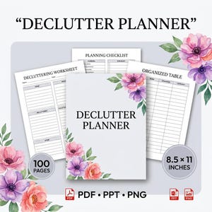 Peut inclure: Un ensemble de planificateur de désencombrement avec une page de couverture et des feuilles de travail ornées de fleurs. Il comprend une fiche de désencombrement, une liste de contrôle et un tableau organisé. 100 pages, 21,59 x 27,94 cm, formats PDF, PPT et PNG.