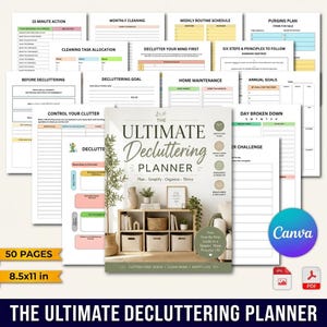 Può includere: Un planner digitale di 50 pagine intitolato The Ultimate Decluttering Planner, che misura 8,5x11 pollici. La copertina mostra uno scaffale con cesti e piante, circondato da vari fogli di lavoro organizzativi, inclusi programmi di pulizia e tracker degli obiettivi.