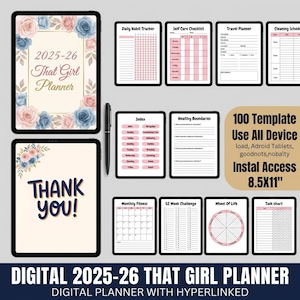 Puede incluir: Un conjunto de planificador digital 2025-26 con una portada floral, una página de agradecimiento y varias plantillas que incluyen un rastreador de hábitos, lista de cuidado personal, planificador de viajes, horario de limpieza y tablas.