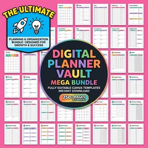 May include: A digital planner bundle featuring over 250 pages of editable Canva templates. The collection includes various organizational layouts like calendars, daily planners, habit trackers, and budget sheets, all displayed against a bright pink background.