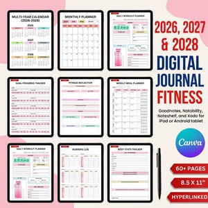 Puede incluir: Un diario de fitness digital para tabletas con más de 60 páginas, que incluye un calendario multianual 2026-2028, planificador mensual, planificador de ejercicios diario, seguimiento de objetivos, reflexión de fitness, planificador de comidas y estadísticas.
