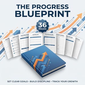 Puede incluir: Un planificador de 36 páginas titulado The Progress Blueprint con una cubierta azul que presenta flechas naranjas y azules. El conjunto incluye páginas abiertas para tableros de visión, objetivos, seguimiento de hitos y diarios de gratitud.