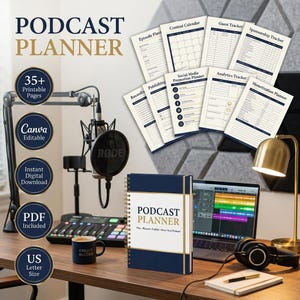 May include: A spiral-bound Podcast Planner with a dark blue cover and gold text. The planner is displayed alongside several printable pages including a content calendar, guest tracker, and analytics tracker. A microphone, audio mixer, and laptop are present.