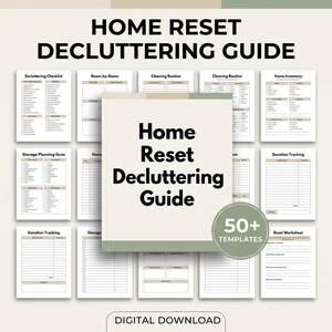 Könnte beinhalten: Ein digitaler Home Reset Decluttering Guide Download mit einer zentralen Titelseite und einem runden Abzeichen mit der Aufschrift 50+ Templates. Im Hintergrund sind verschiedene druckbare Seiten wie Checklisten und Inventarlisten zu sehen.
