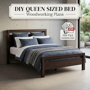 May include: A dark wood queen sized bed frame with a headboard and footboard. The bed is dressed with white and blue bedding, including pillows and a gray throw blanket. Text at the top reads DIY QUEEN SIZED BED Woodworking Plans PDF FILE DOWNLOAD.