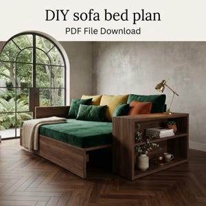 May include: A DIY sofa bed plan PDF file download featuring a wooden sofa bed with a dark green velvet cushion, mustard yellow and green throw pillows, and an integrated side shelf unit holding books, a small plant, and a lamp.