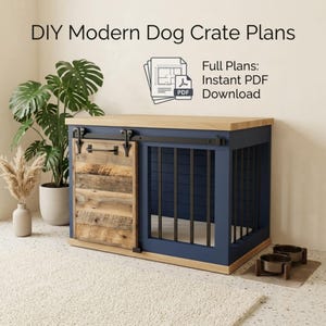 May include: DIY Modern Dog Crate Plans. Full Plans: Instant PDF Download. A navy blue wooden dog crate with a natural wood top and a sliding barn-style door made of reclaimed wood planks, featuring black metal hardware and vertical bars.