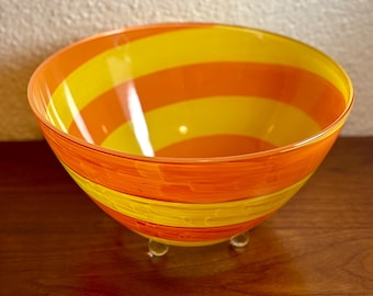 Vintage Detroit Glass Co. Large Hand Painted Orange, Yellow Swirl Footed Glass Bowl, Centerpiece