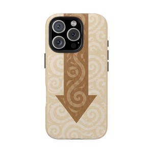 May include: A beige phone case featuring a brown arrow design. The case has a swirling pattern in the background. The camera lenses are visible at the top. The case is designed to fit a smartphone.
