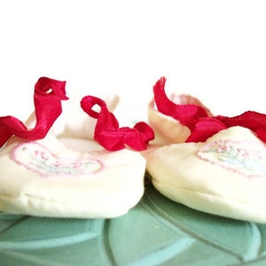 Baby girl shoes slippers yellow red ribbon pink embroidered heart vintage collectible