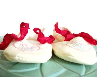 Baby girl shoes slippers yellow red ribbon pink embroidered heart vintage collectible