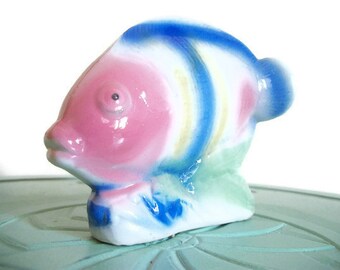 Fish figurine blue pink sculpture ceramic vintage