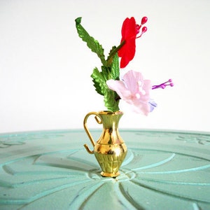 Miniature silk flowers vase red purple white brass vintage figurine small collectible image 4