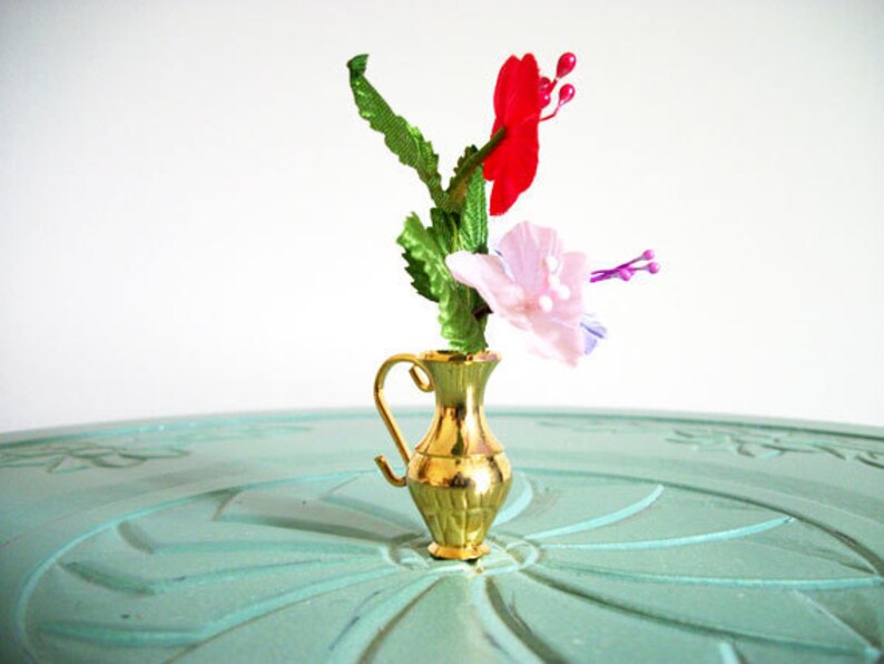 Miniature Silk Flowers Vase Red Purple White Brass Vintage Etsy