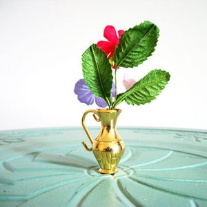 Miniature silk flowers vase red purple white brass vintage figurine small collectible image 3