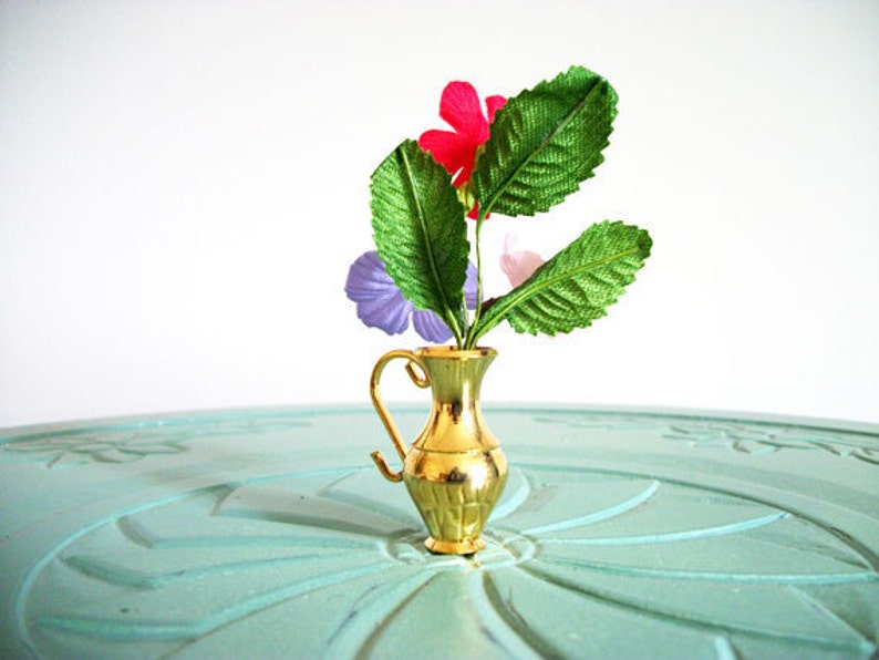 Miniature silk flowers vase red purple white brass vintage figurine small collectible image 3