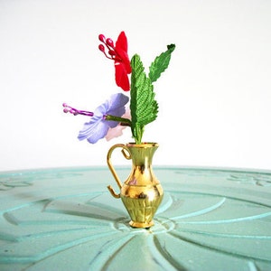 Miniature silk flowers vase red purple white brass vintage figurine small collectible image 2