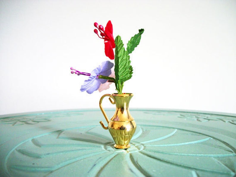 Miniature silk flowers vase red purple white brass vintage figurine small collectible image 2