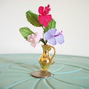 Miniature silk flowers vase red purple white brass vintage figurine small collectible image 5
