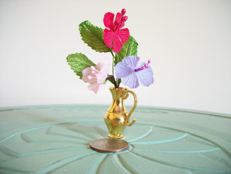 Miniature silk flowers vase red purple white brass vintage figurine small collectible image 5