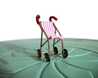 Miniature stroller red white stripe brass vintage figurine small collectible