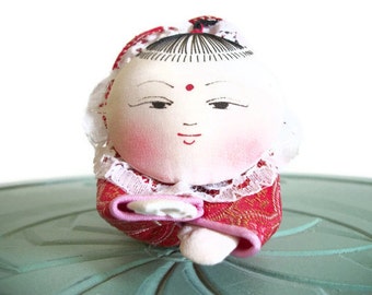 Ornament doll pincushion child kid red gold silk brocade vintage figurine small collectible