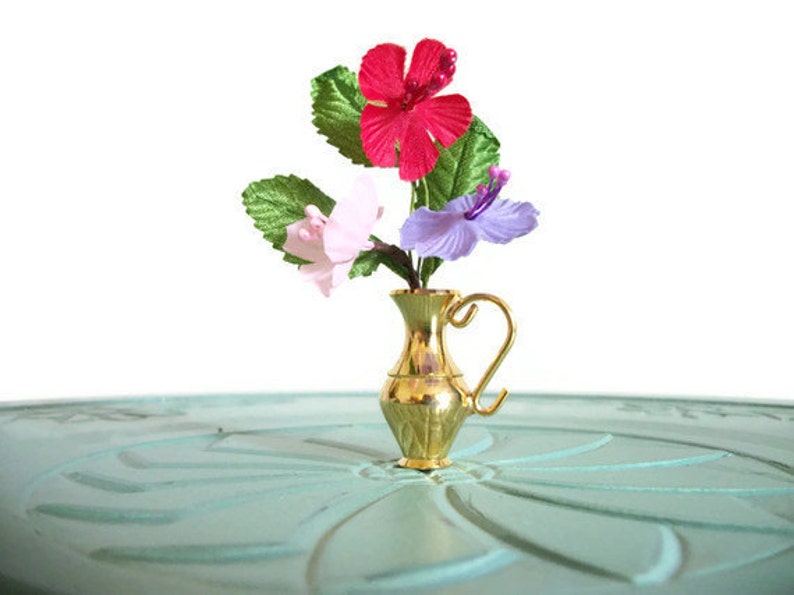 Miniature silk flowers vase red purple white brass vintage figurine small collectible image 1
